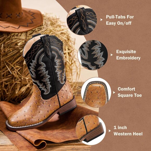 ⚡Kid Brown Ostrich Synthetic Cowboy Riding Shoes Square Toe Wide Calf Boot - Picture 3 of 6